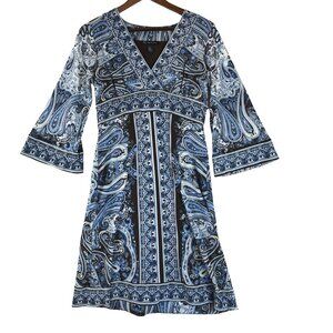 INC International Concepts Y2K Blue Paisley Boho Dress M V-Neck Bell Sleeve